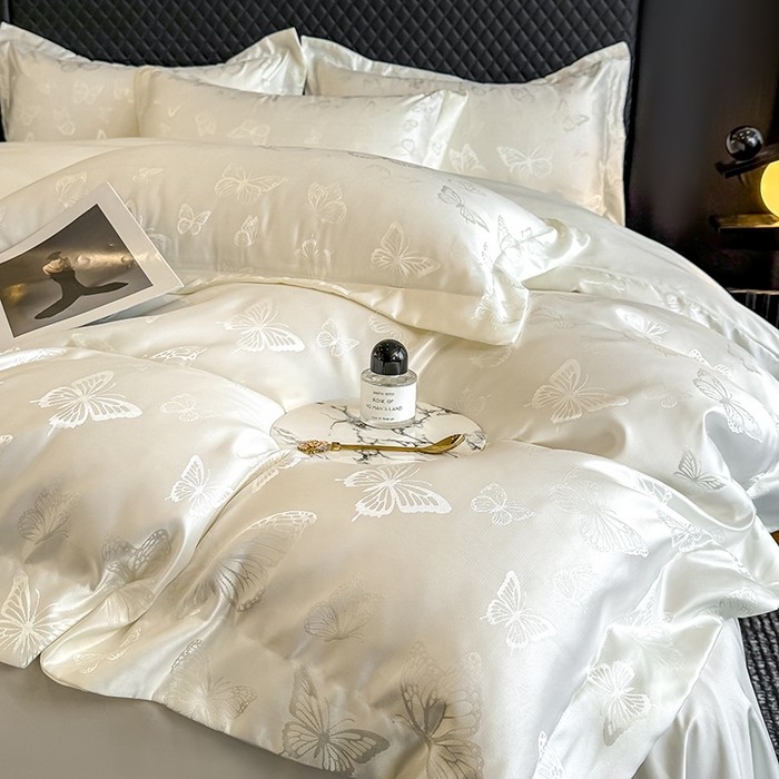 High Luxury Jacquard Ice Silk Series Cadar ชุดสี่ชิ้น Queen/King ขนาดแบนและติดตั้งชุดเครื่องนอน Silky Smoothy ผ้าปูที่นอน 4 in 1