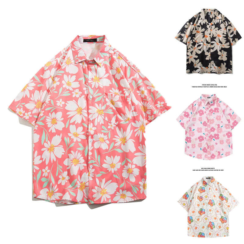 เสื้อสงกรานต์ผู้หญิง แขนสั้น ลายดอกไม้สไตล์ฮาวาย ทรงโอเวอร์ไซส์