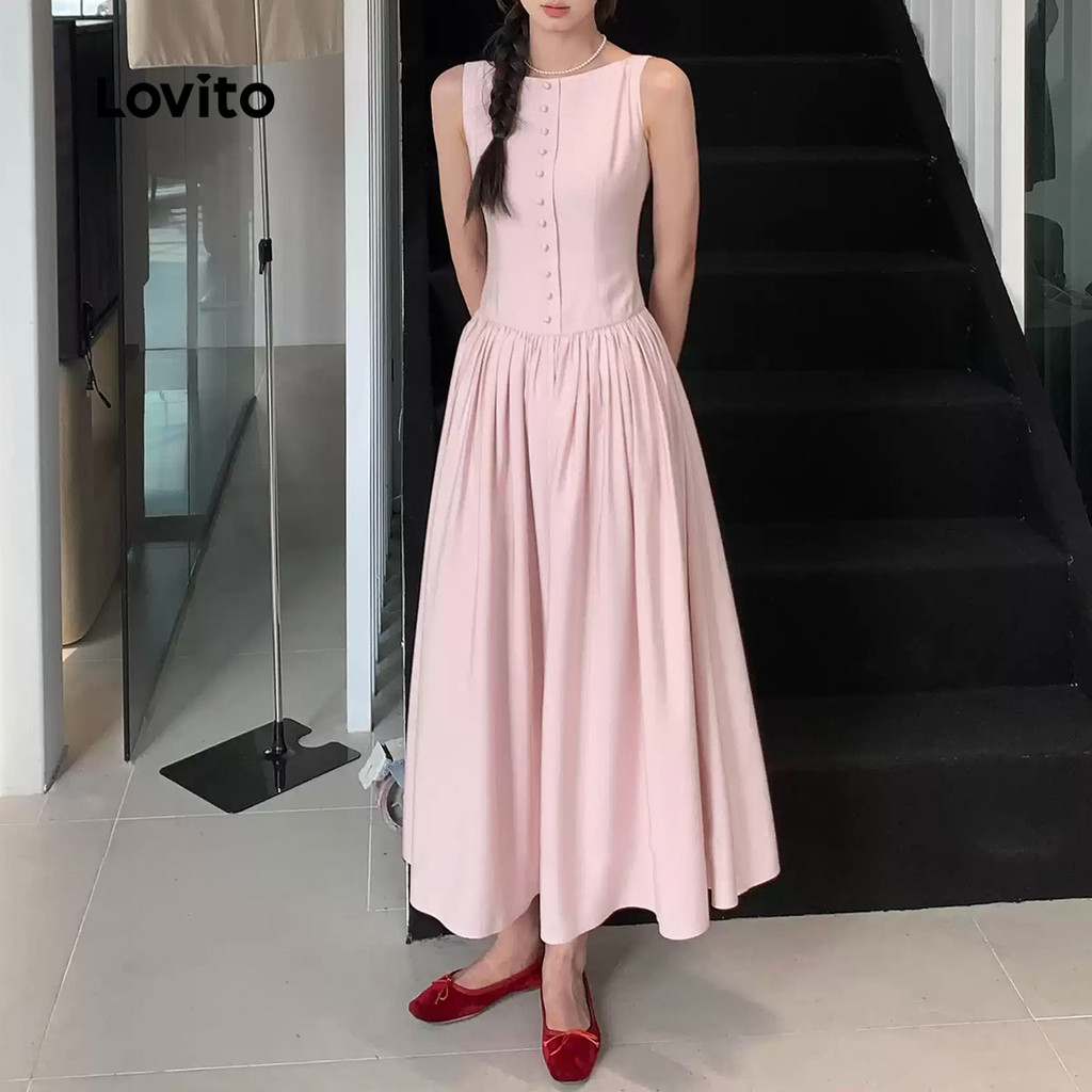 (Trendy) Lovito ชุดลําลอง ชุดเดรสเดรปปุ่มฤดูใบไม้ผลิและฤดูร้อนธรรมดาสําหรับผู้หญิง L125AD198