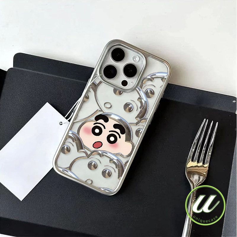กรอบการ์ตูนเจ๋ง ๆ กรอบชุบไฟฟ้าชิน - ชาน เคส IPhone 16 14 13 12 15 11 Pro Max XR 7Plus 7 8 15 16 14 Plus XS MAX X SE 2020