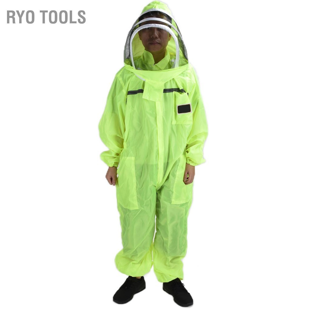 Ryo Tools การเลี้ยงผึ้งสูทเรืองแสงสีเขียวหนึ่งชิ้นซิปออกแบบระบายอากาศเสื้อผ้าผึ้ง