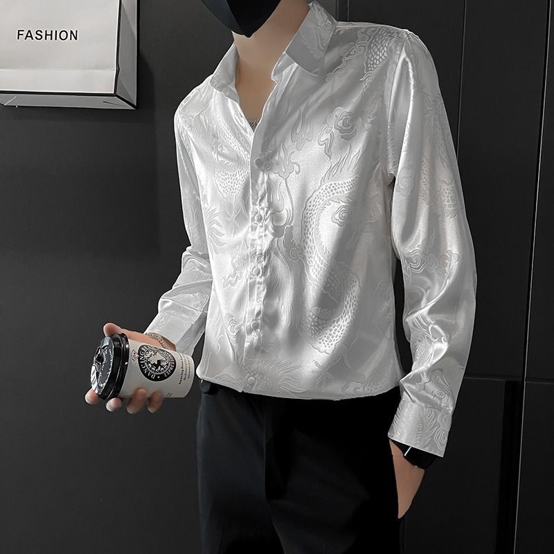 เสื้อเชิ้ตแขนยาว พิมพ์ลายมังกร ดอกไม้ คุณภาพสูง สไตล์จีน สําหรับผู้ชาย