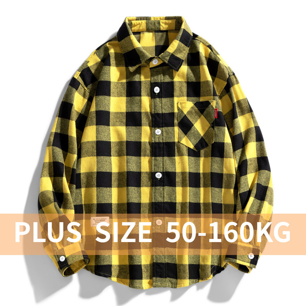 【Plus Size】เสื้อเชิ้ตแขนยาว ลายสก๊อต สีเหลือง สําหรับผู้ชาย ไซซ์ 10XL 9XL 8XL