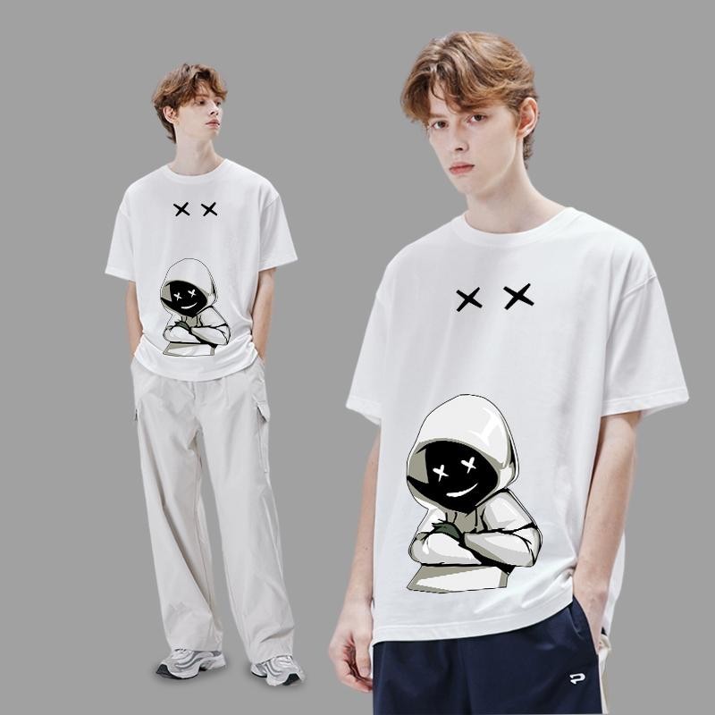 Basi เสื้อยืดผ้าฝ้ายโอเวอร์ ไซส์ไม่ยืดไม่ย้วย ลาย "Hoodie" เสื้อยืดคอกลอมชายหญิงแบบนิ่มใส่สบาย สไตล์เกาหลี มินิมอล