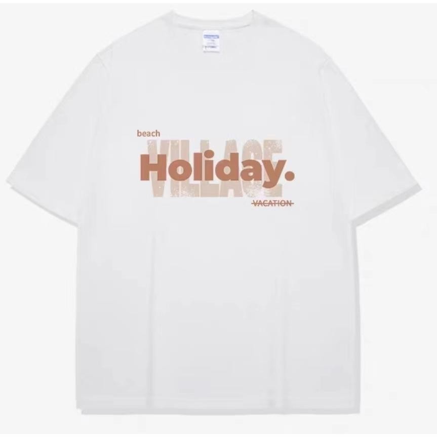 Basiเสื้อยืด แขนสั้น คอกลม Oversize ผ้าฝ้ายไม่ยืดไม่ย้วย ลาย "Holiday." ใส่ได้ทั้งชายและหญิง โคตรนิ่มใส่สบาย S-3XL