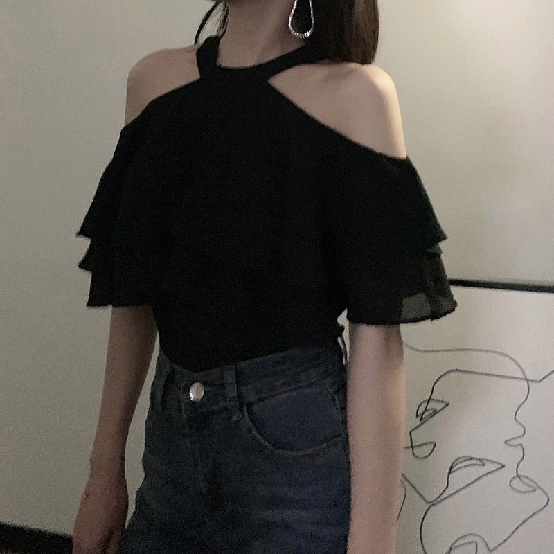 เสื้อเชิ้ตแขนสั้น เปิดไหล่ข้างเดียว ผ้าชีฟอง แต่งระบาย แฟชั่นฤดูร้อน สําหรับผู้หญิง 202220240423