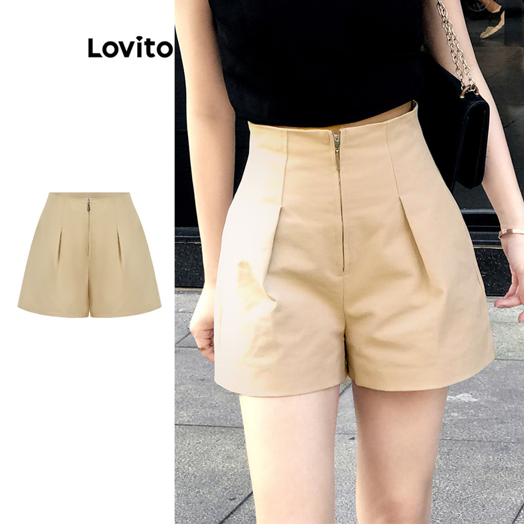 Lovito กางเกงขาสั้นผู้หญิง แต่งจีบ สีพื้น สไตล์หรูหรา L86ED149
