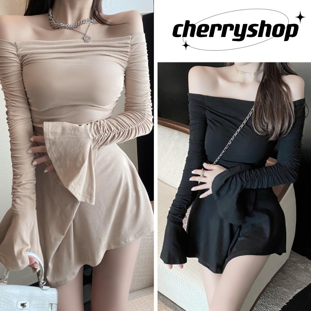 cherryshop พร้อมส่ง ชุดเดรส เดรสเซ็กซี่ผู้หญิง ชุดเดรสสวยๆ กระโปรงบานแขนยาวไหล่เดียว การลดความอ้วนเอวที่ทันสมัย