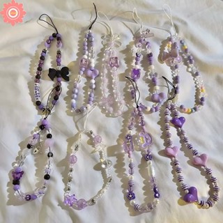 สายโซ่คล้องโทรศัพท์มือถือ ประดับลูกปัด รูปผีเสื้อ หัวใจ สีม่…