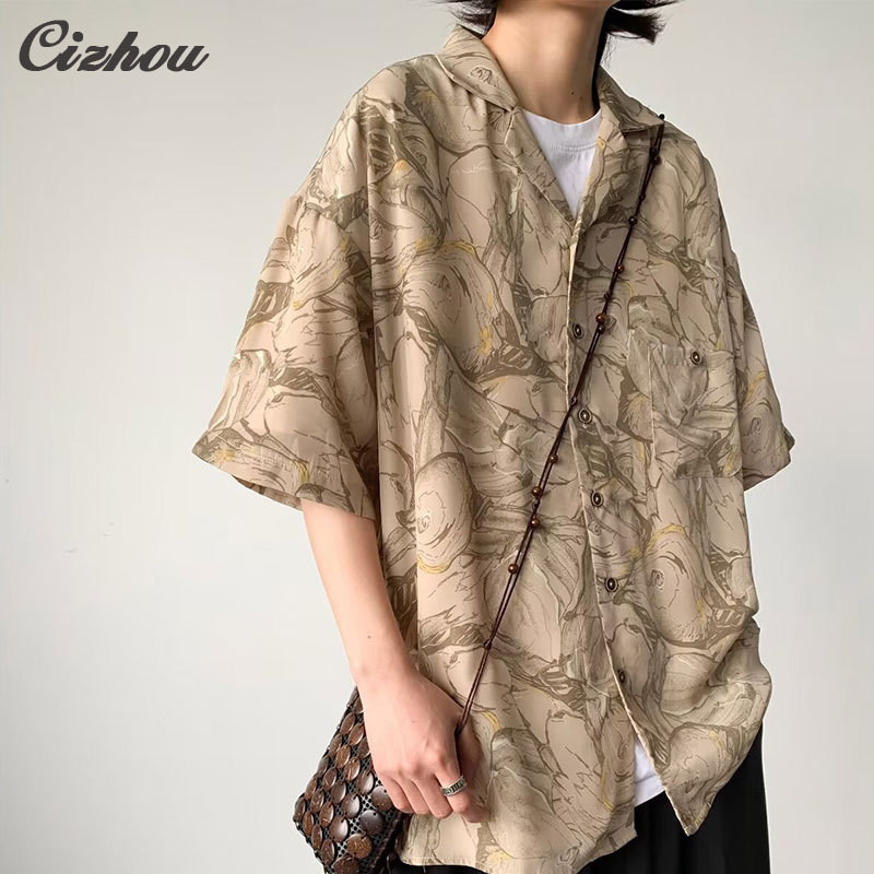 เสื้อเชิ้ตแขนสั้น ทรงหลวม พิมพ์ลาย สไตล์วินเทจ แบบบาง เหมาะกับฤดูร้อน สําหรับผู้ชาย