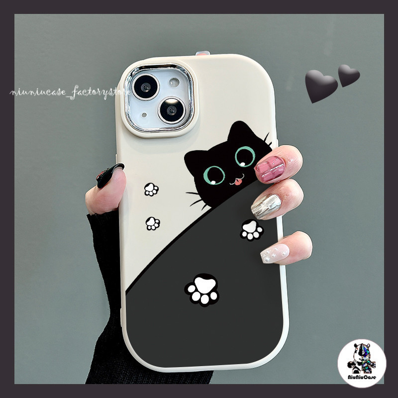 สำหรับ iPhone 13 12 14 11 15 Pro Max XR X Plus XS SE 7 Cat Claw พิมพ์ลายการ์ตูนแมวดำกรอบโทรศัพท์กรอบโลหะเคสนิ่ม น่ารัก