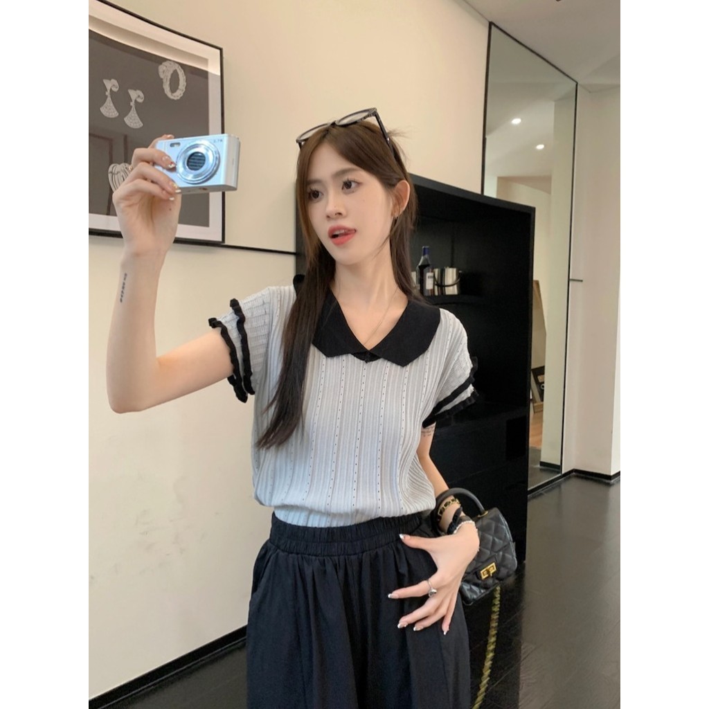 Gakki เสื้อยืดไหมพรมแขนสั้นขอบหยักบางผู้หญิง ผ้านิ่มใส่สบาย ฟรีไซส์ พร้อมส่ง 2041#