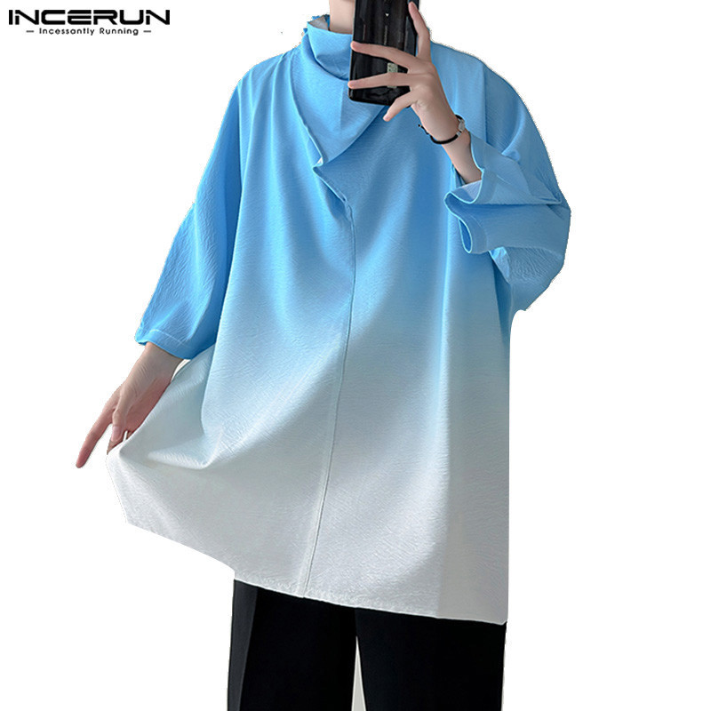 Incerun เสื ้ อเชิ ้ ตผู ้ ชายเกาหลีทรงซ ้ อนสูงไล ่ ระดับสี
