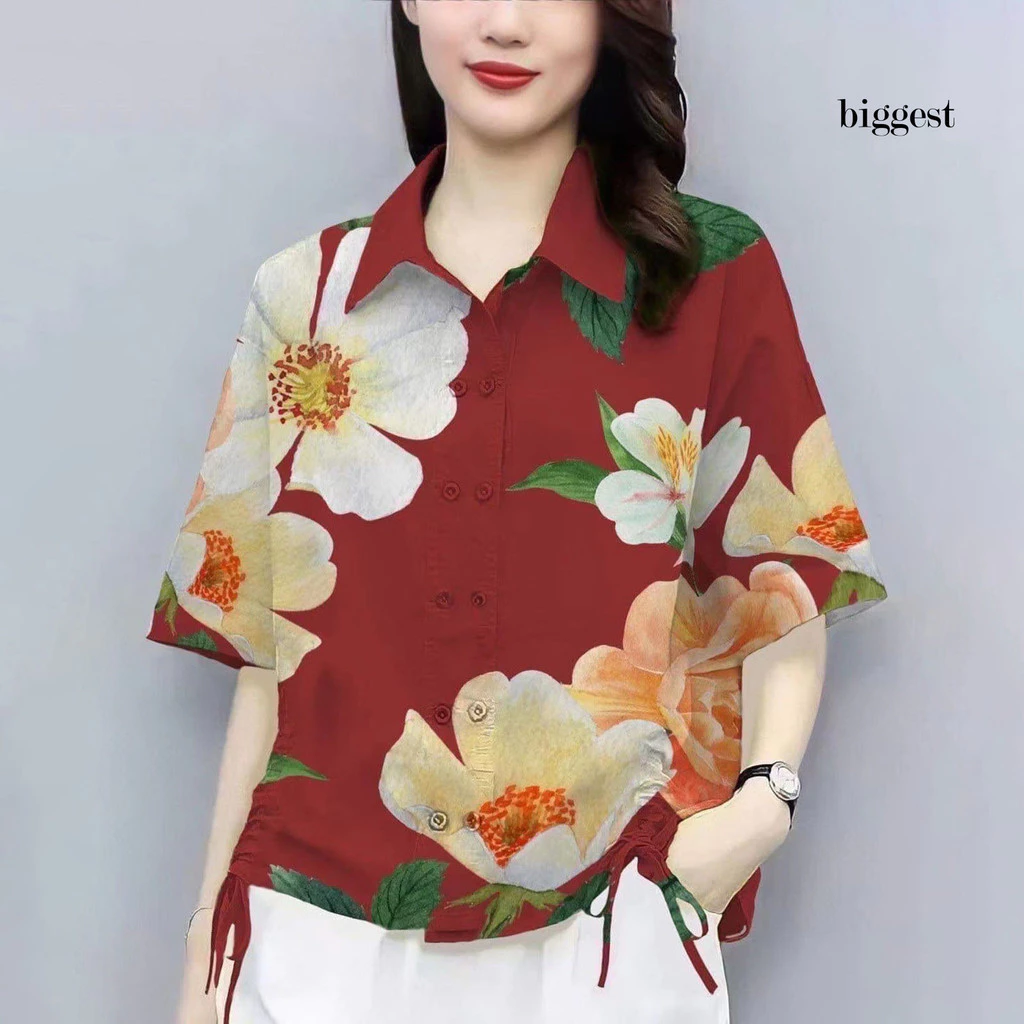 เสื้อลำลองแขนสั้นลายดอกไม้ กระดุม เชือกรูด ทรงหลวม thumbnail 4