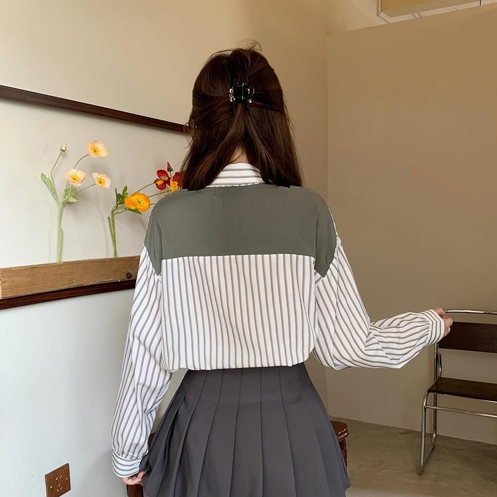 mimi&didi.เสื้อเชิ้ตแขนยาวลายทางแฟชั่นผู้หญิง Office ปกPOLO ผ้าคลุมไหล่ปลอมทรงหลวมมีกระเป๋า สไตล์เกาหลี#W334