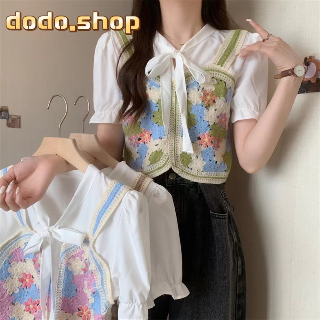 Maze พร้อมส่ง เสื้อไหมพรมแขนสั้น ผ้าถักแขนผ้าชีฟอง ดีเทลผูกโบว์ตรงคอใส่สบาย (72028)