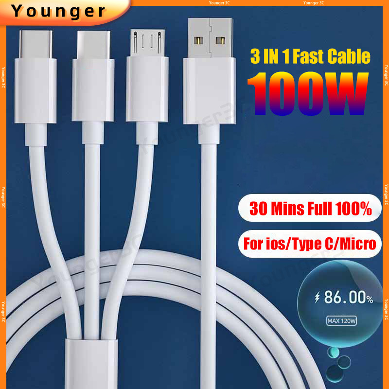 ฟรีของขวัญโคมไฟ USB 100W Super Fast สายชาร์จ 3 In 1 Flash Charger สายไฟ USB A Data Cable สําหรับ ios Type C Micro