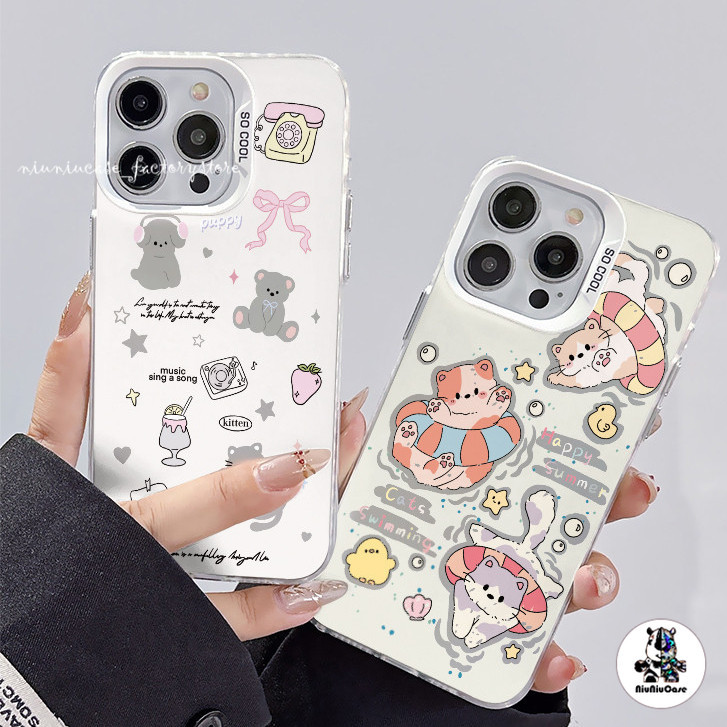ส่งจากไทย ลูกแมวว่ายน้ำ เคสโทรศัพท์มือถือ For iPhone 11 12 13 14 15 Pro Max XR X XS Max 6 7 8 Plus Silicone สเงิน เคส