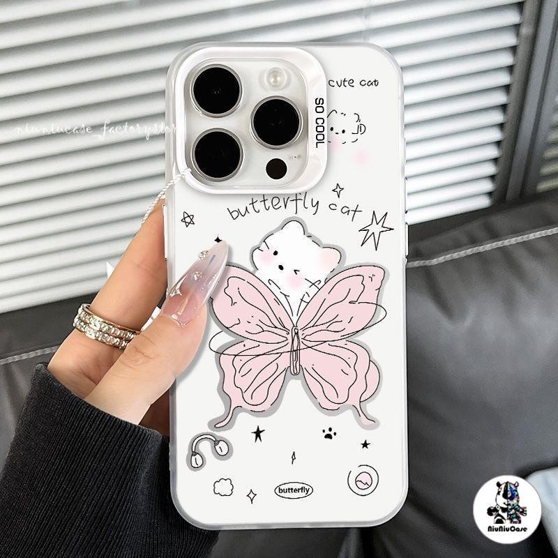 ส่งจากไทย แมวผีเสื้อ เคสโทรศัพท์มือถือ For iPhone 11 12 13 14 15 Pro Max XR X XS Max 6 7 8 Plus SE Silicone สเงิน เคส