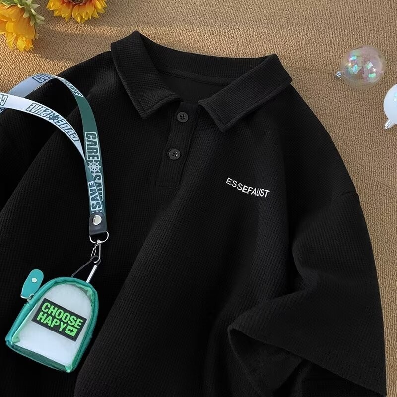 เสื้อยืดแขนสั้นลําลอง แบบครึ่งแขน ทรงหลวม ลายวาฟเฟิล เหมาะกับฤดูร้อน สไตล์สตรีท สําหรับผู้ชาย