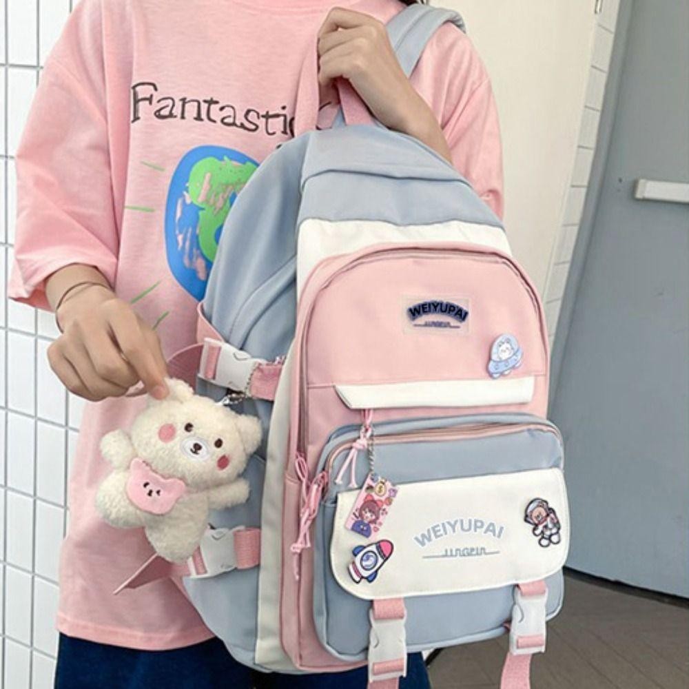Jeremy1 กระเป๋านักเรียนนักเรียน, Ins Multi Pockets กระเป๋าสะพายเด็กผู้หญิง,แบบพกพาความจุขนาดใหญ่ Candy Color Bear กระเป๋าเป้โรงเรียนมัธยมสาว