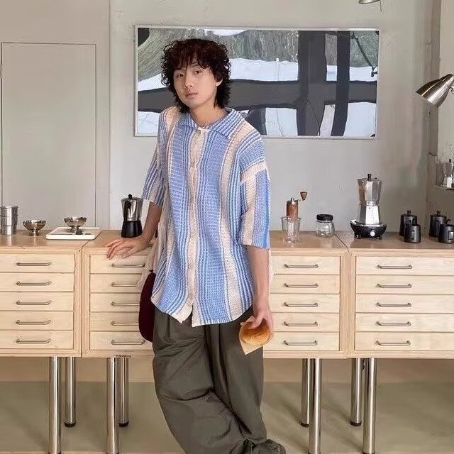 เสื้อครึ่งแขนผู้ชายอินเทรนด์สีคมชัดฤดูร้อนหลวมปกเสื้อสบายๆถนนสวมใส่ทุกการแข่งขันบางถักเสื้อกันหนาว