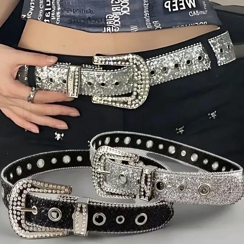 Y2k Shinning Rhinestone เข็มขัด-สําหรับ Western คาวบอยกางเกงยีนส์เข็มขัด-ผู้หญิงโลหะหัวเข็มขัด PU สาย-เพชร Bling Ins Punk เข็มขัดหนัง-สาวแฟชั่น Goth Rivet เข็มขัด