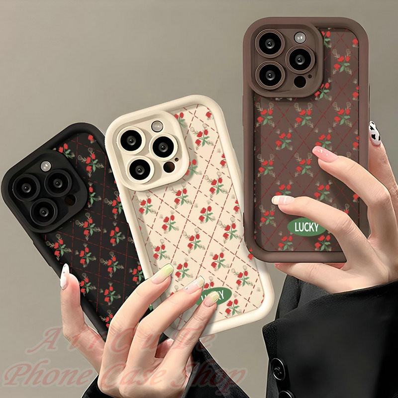 เคส VIVO Y18 Y17S Y36 Y27 Y27S Y22 Y22S Y21 Y21S Y21T T1X Y20 Y20S Y19 Y17 Y16 Y15 Y15S Y12 Y12S Y12A Y11 Y03 Y02 Y02A Y02T Y02S Y01 Y01A Y91C Y1S Y50 Y35 Y33S Y33T Y31 Y30 4G 5G Protect Camera Raised Frame Rhombus Grid Rose Flower Soft Case