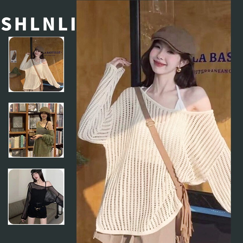 Hollow Off Shoulder Knitwear สําหรับผู ้ หญิงฤดูใบไม ้ ผลิและฤดูร ้ อนหลวม Casual Cover Up ขนาดใหญ ่ S-3XL
