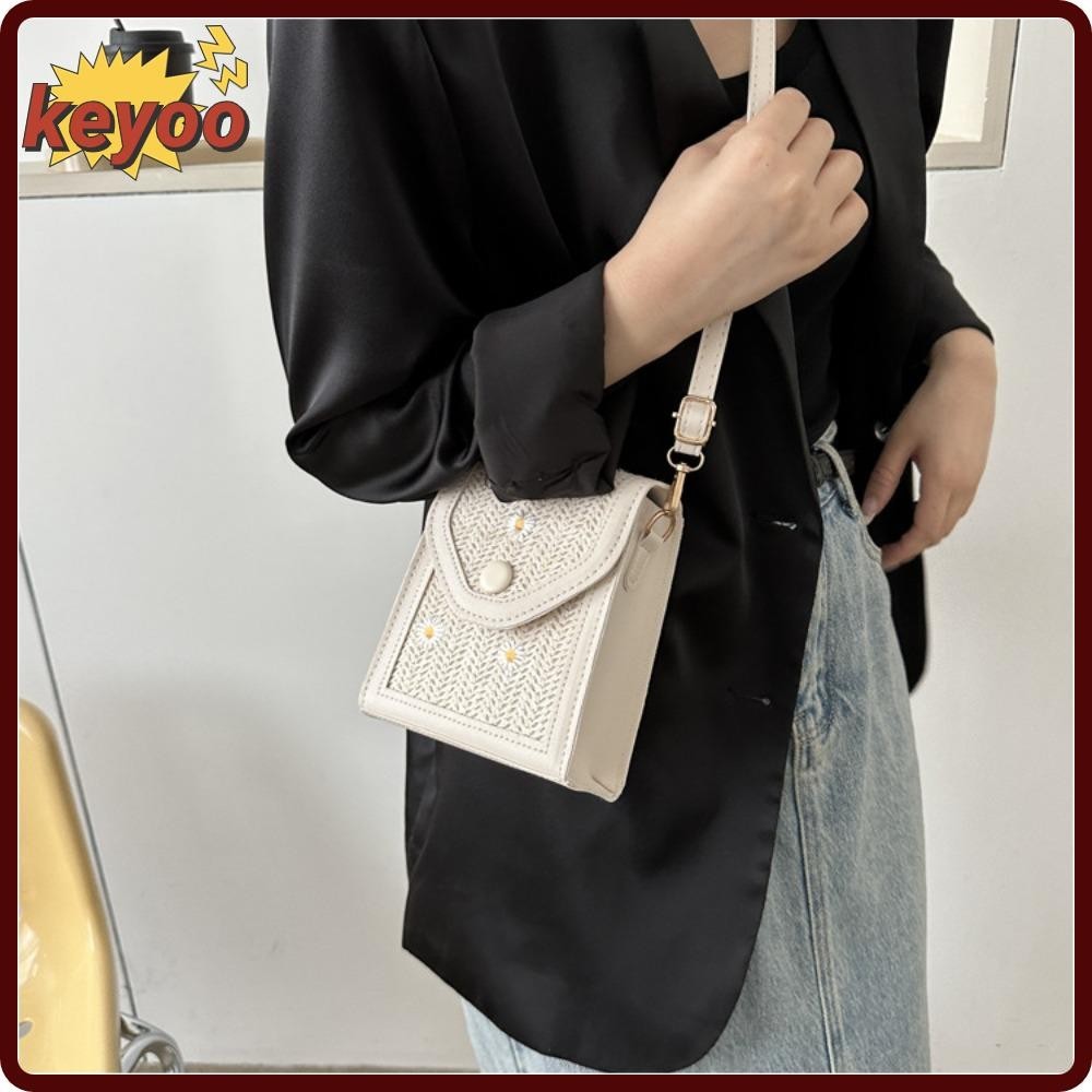 Keyoo Straw Plaited Phone Bag, Little Daisy Dacron Embroidery Bag, Straw Shoulder Crossbody Bag