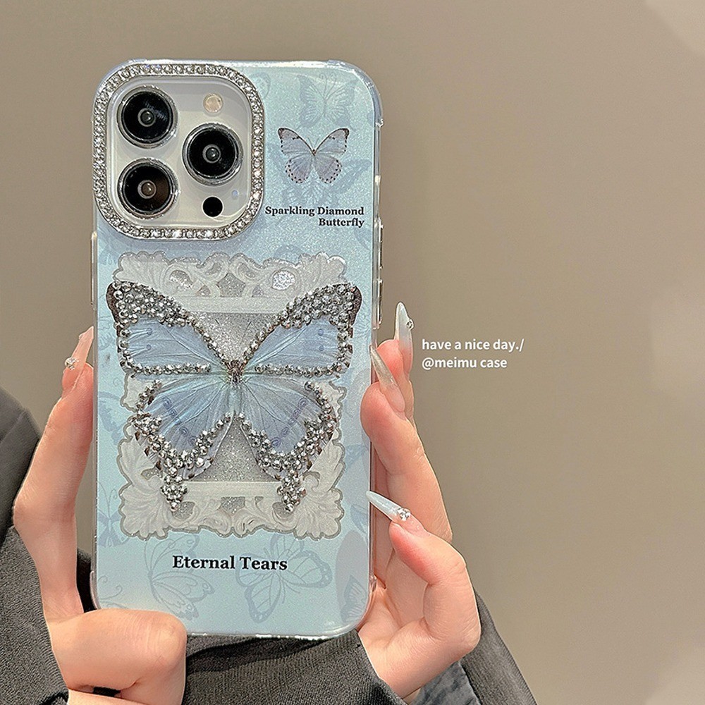 เคส IPhone Thicken กันกระแทก Hard Case IPhone 11 INS เกาหลีเพชรผีเสื้อกล้องเลนส์ป้องกันกรณีสําหรับ IPhone 15 14 13 12 11 Pro Max