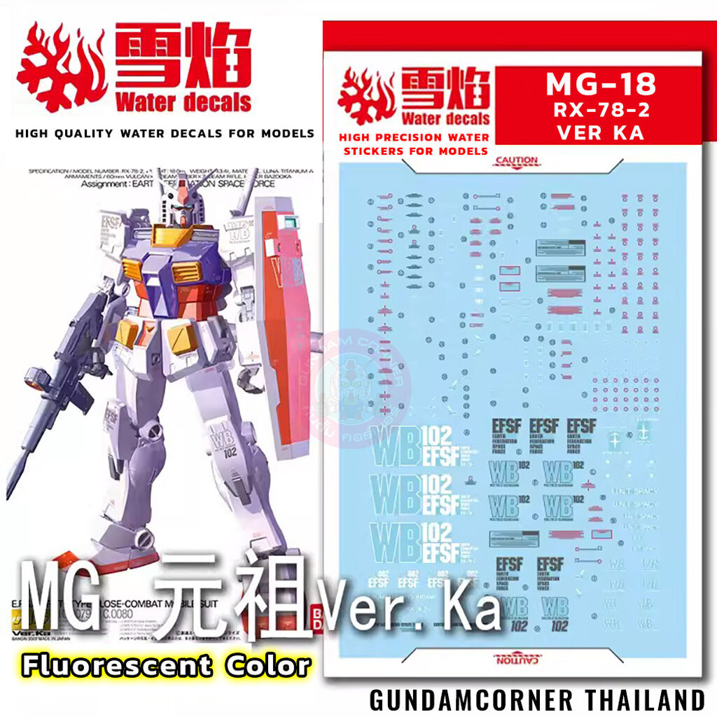 ดีคอลน้ำ MG RX-78-2 VER KA MG-18 Water Decal Fluorescent color สติ๊กเกอร์น้ำสะท้อนแสงเมื่อส่องด้วย U