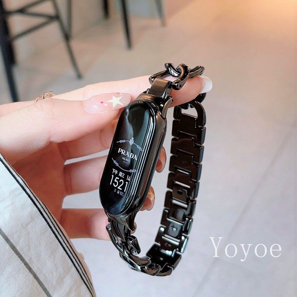 แฟชั่น Denim Chain สายโลหะสําหรับ Xiaomi Mi Band 9 8 NFC เปลี่ยนสายรัดข้อมือสร้อยข้อมือสแตนเลสสําหรับ Mi Band 8 NFC อุปกรณ์เสริม