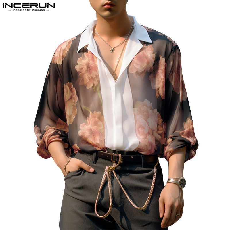 Incerun เสื ้ อเชิ ้ ตแขนยาวพิมพ ์ ลายดอกไม ้ เกาหลีผู ้ ชาย