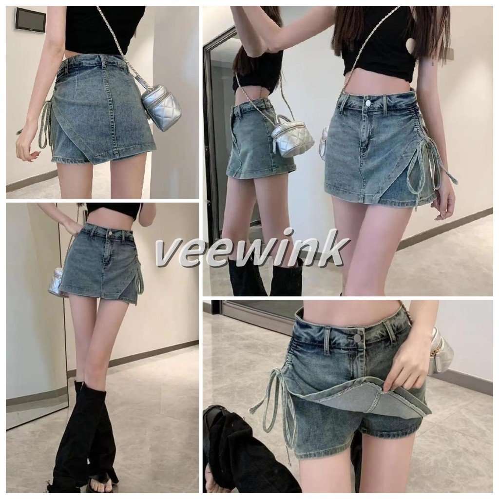 Veewink พร้อมส่งจากกทม กางเกงกระโปรงยีนส์แฟชั่น พร้อมกางเกงกันโป๊ น่ารักสไตล์เกาหลี กระโปรงยีนส์เอวสูงมีซับใน