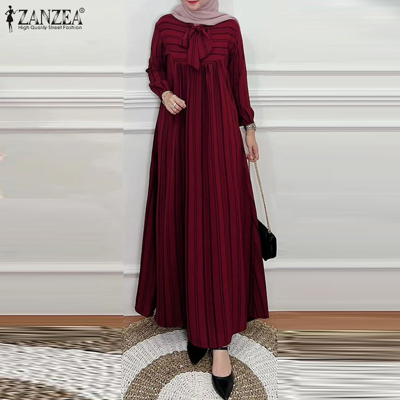 Zanzea ผู ้ หญิงมุสลิมลูกเรือคอหลวม Lace-Up Pleats ชุดเดรสลายไม ่ สม ่ ําเสมอ
