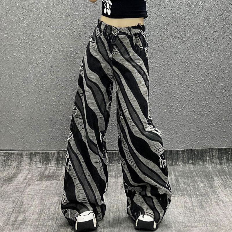 ขนาดใหญ ่ อเมริกัน Retro Cool Zebra รูปแบบสีจับคู ่ ตรงกางเกงยีนส ์ ผู ้ หญิงไขมัน mm High Street Frayed กางเกงขากว ้ าง
