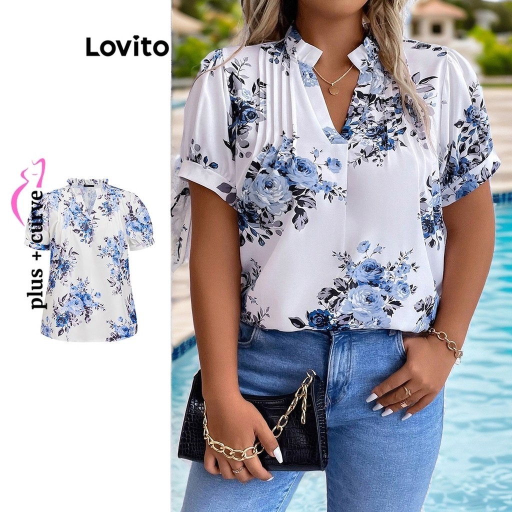 Lovito เสื้อเบลาส์สาวอวบ เข้ารูป ลายดอกไม้ สไตล์ลำลอง LBL09404