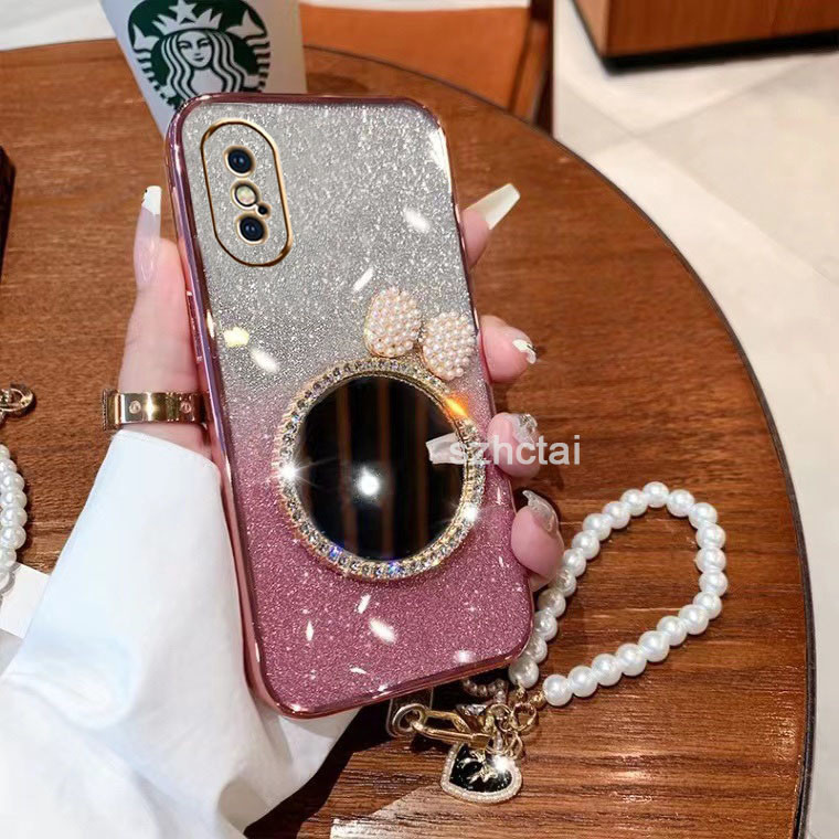 เคสโทรศัพท์ iphone x xs xr xs max หรูหราแวววาวชุบโทรศัพท์กรณี กรณีโทรศัพท์ใสเปลือกหอยมุกโบว์กระจกแต่