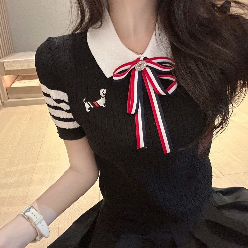 อายุ-ลด เย็บปักถักร้อยโปโลเสื้อถักแขนสั้นที่ถอดออกได้ริบบิ้นโบว์ตกแต่งครอบคลุมเนื้อเสื้อยืดเกาหลีรุ่นด้านบนพร้อมสต็อก