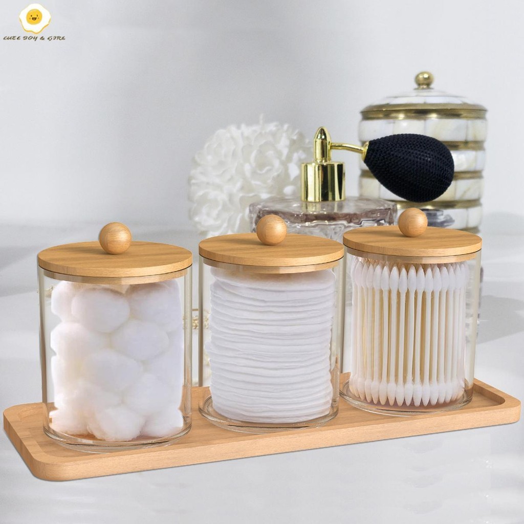 【จัดส่งจากไทย】3ชิ้น ชุดอุปกรณ์จัดระเบียบห้องน้ำที่เก็บของแบบ Qtip พร้อมถาด กล่องใส่เครื่องสำอางอะคริลิกแบบพกพาสำลีก้านกล่องเก็บเครื่องสำอางใส่แผ่นผ้าฝ้าย