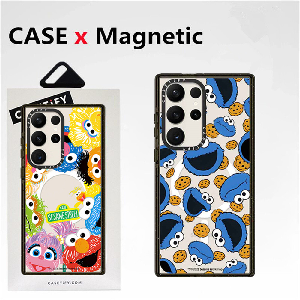 Casetifg Sesame Street รูปแบบชาร์จแม่เหล็กกันกระแทกเคสโทรศัพท์พร้อมกล่องสําหรับ Samsung Galaxy S22 S23 S24 Ultra S24 Plus ตัวอักษรด้านข้างป้องกันอะคริลิคใส Hard ฝาหลัง