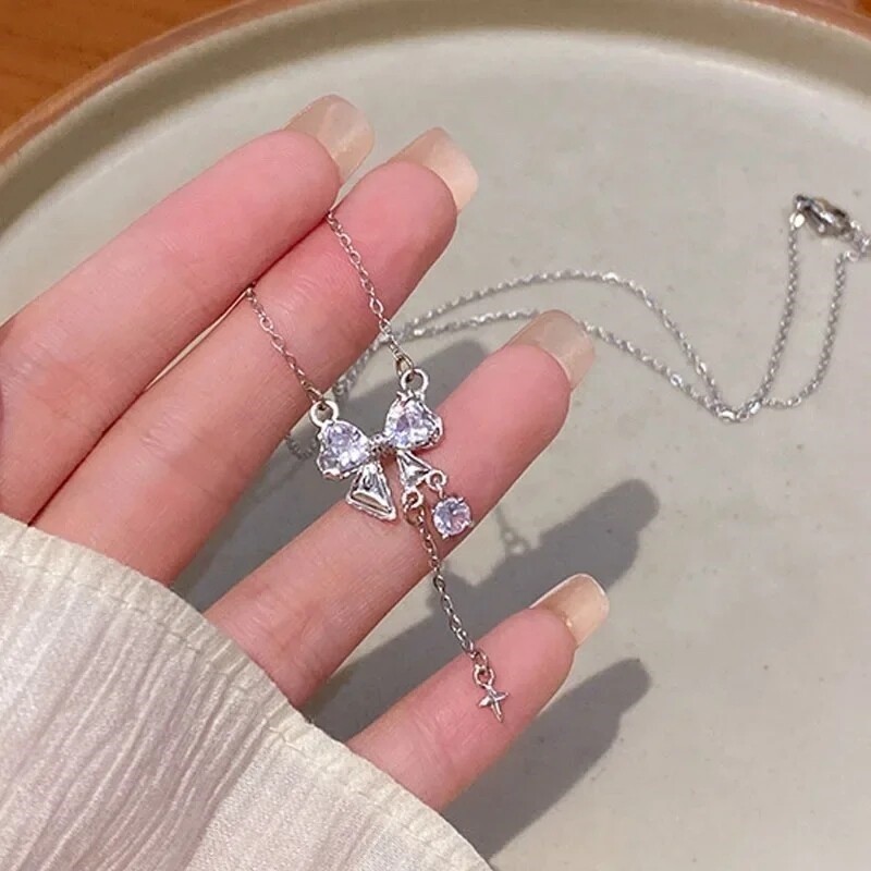ร้านไทย ส่งเร็ว ✨ สร้อยคอ โซ่ จี้โบว์สแตนเลส ไม่ลอกไม่ดำ สีชมพู ประดับเพชร คริสตัล สไตล์เกาหลี สําหรับผู้หญิง ST18 - รูปที่ 5