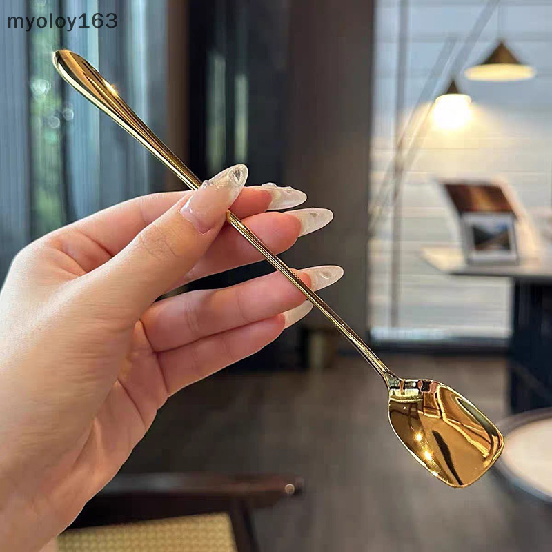 Myoloy สแตนเลสชากาแฟช้อนสุทธิสีแดง Golden Dinner ด้ามยาวกวนขนมน้ําผึ้งช้อนสําหรับอุปกรณ์ครัว Gadgets TH