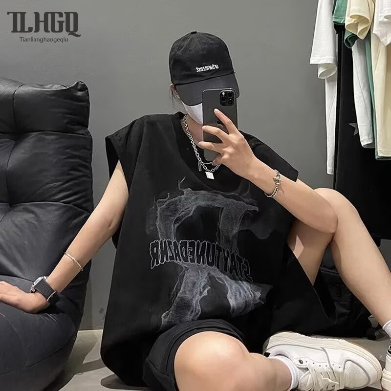เสื้อยืดแขนกุดพิมพ์ลายอเมริกันสําหรับผู้ชาย เสื้อยืดก้นฟิตเนสทรงหลวมอินเทรนด์