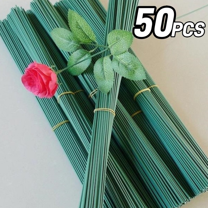 50ชิ้น30เซนติเมตรดอกไม้สีเขียวก้าน ส เห็บ ทําเอง ดอกไม้วัสดุที่ทําด้วยมือลวดก้านอุปกรณ์เสริม