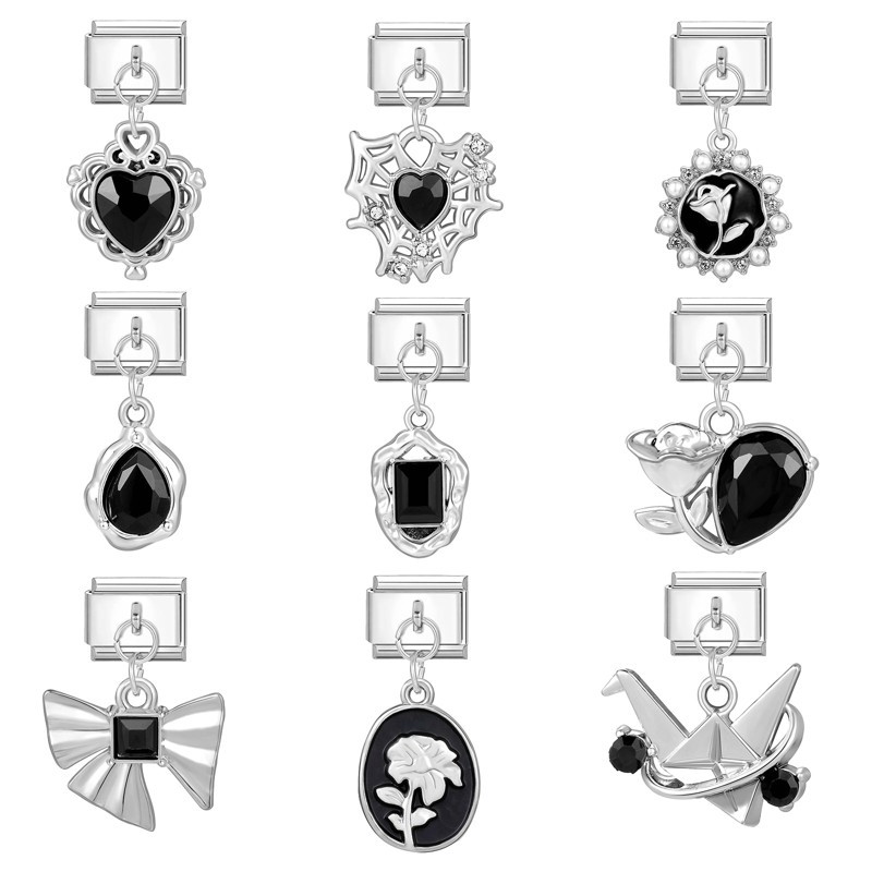 สีดําเพชรหัวใจ Charm อิตาเลี่ยน Modular Charm สร้อยข้อมือ Links Fit 9 มม.สร้อยข้อมือสแตนเลสเครื่องประดับ DIY ทํา