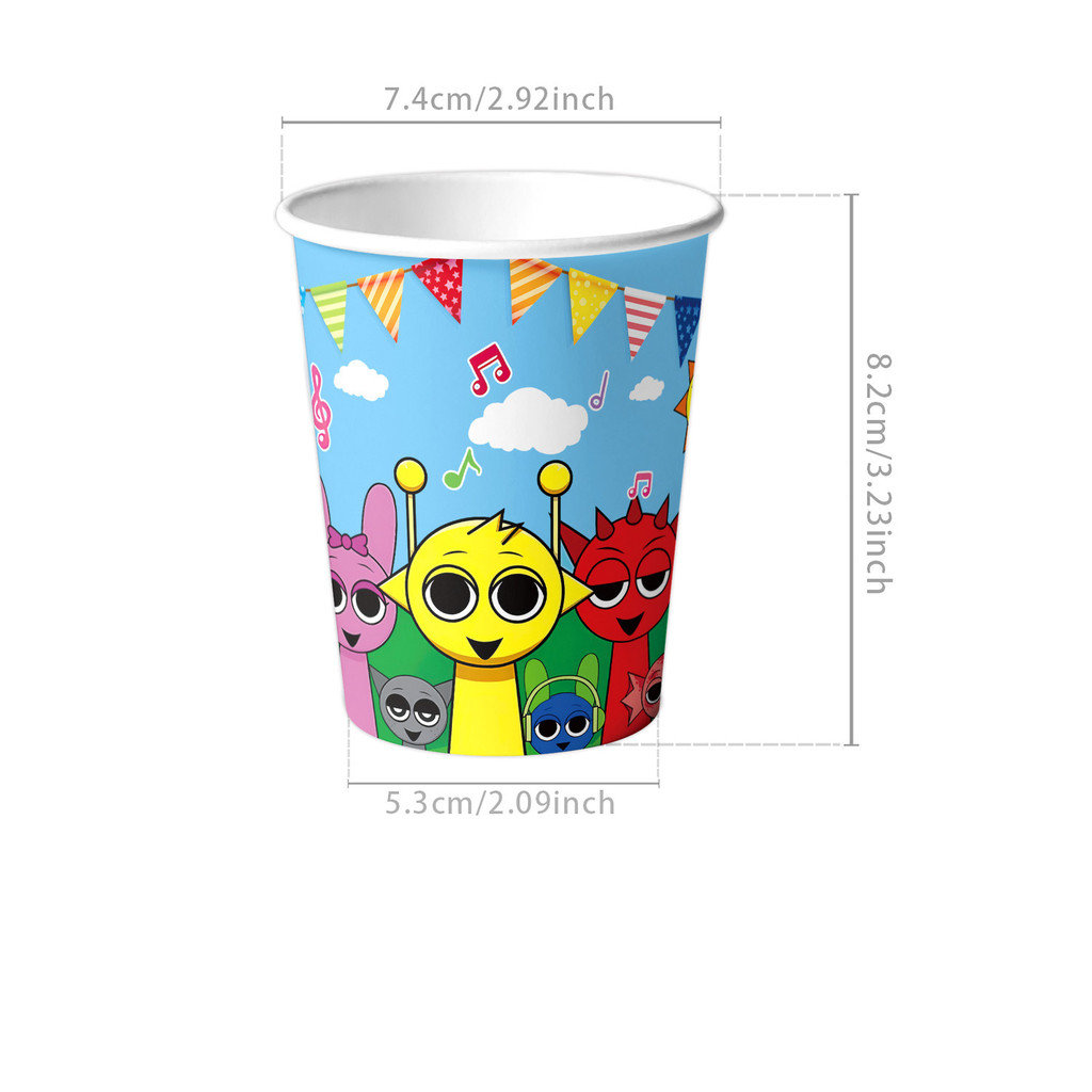 Incredibox Sprunki ธีมวันเกิด Party ถ้วยแผ่นผ้าปูโต๊ะเนื้อเยื่อส้อมช้อนแบนเนอร์ Party Supplies - รูปที่ 2