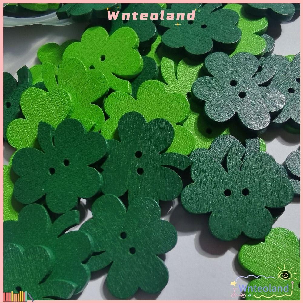 Wnteoland อุปกรณ์เสริมงานฝีมือ 50 ชิ้น, ปุ่มโคลเวอร์สีเขียวน่ารักย้อนยุค, อุปกรณ์เสริมตุ๊กตาไม้วินเทจ DIY