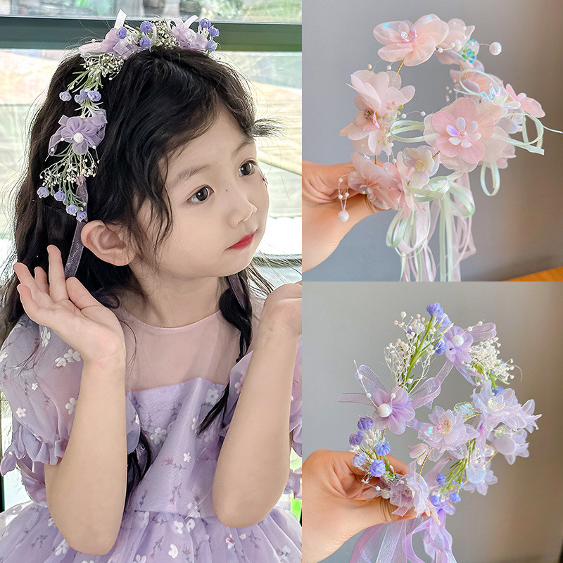 มงกุฎเด็ก มงกุฎเจ้าหญิง มงกุฎดอกไม้ ริบบิ้นไข่มุก ที่คาดผม ดอกไม้สำหรับสาวแต่งงาน อุปกรณ์เสริมผมสำหรับสาวดอกไม้